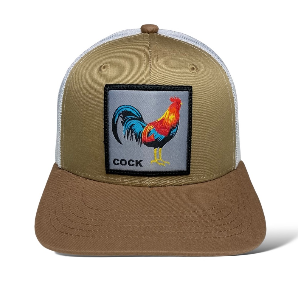 Men's Mesh Trucker Snapback Cap with Rooster Patch Tan